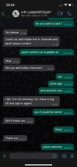 WhatsApp conversation with a customer, 2 of 5